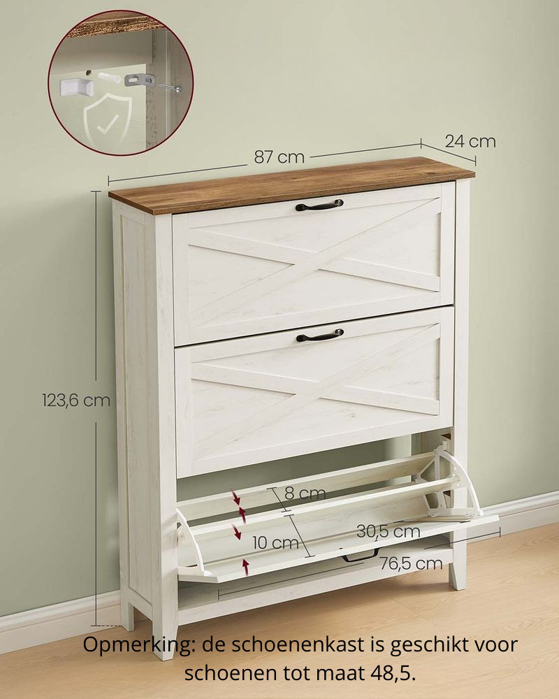 Nancy's Offanengo Schoenenkast - Opbergkast voor Schoenen - Vintage Wit - ± 85 x 25 x 125 cm