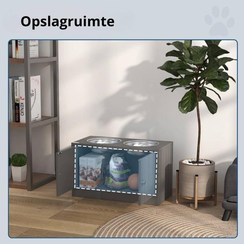 Nancy's Nichelino Voerbak voor Honden - Drinkbak - Voerstation - Met kastruimte - Grijs - ± 60 x 30 x 35 cm