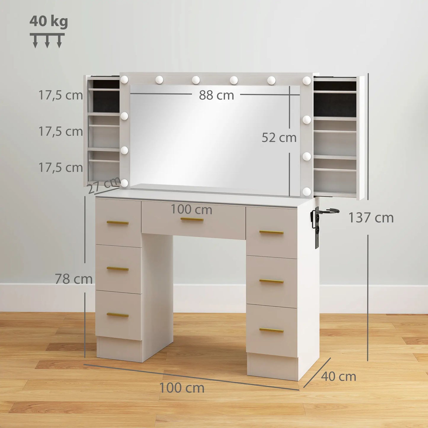Nancy's Mangone Make Up Tafel - Kaptafel - Make-Up tafel met spiegel en verlichting - LED - Wit - ± 100 x 40 x 135 cm