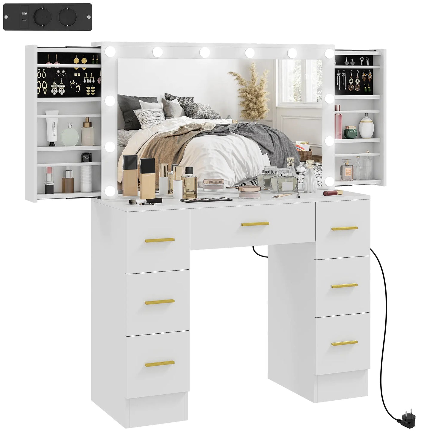 Nancy's Mangone Make Up Tafel - Kaptafel - Make-Up tafel met spiegel en verlichting - LED - Wit - ± 100 x 40 x 135 cm