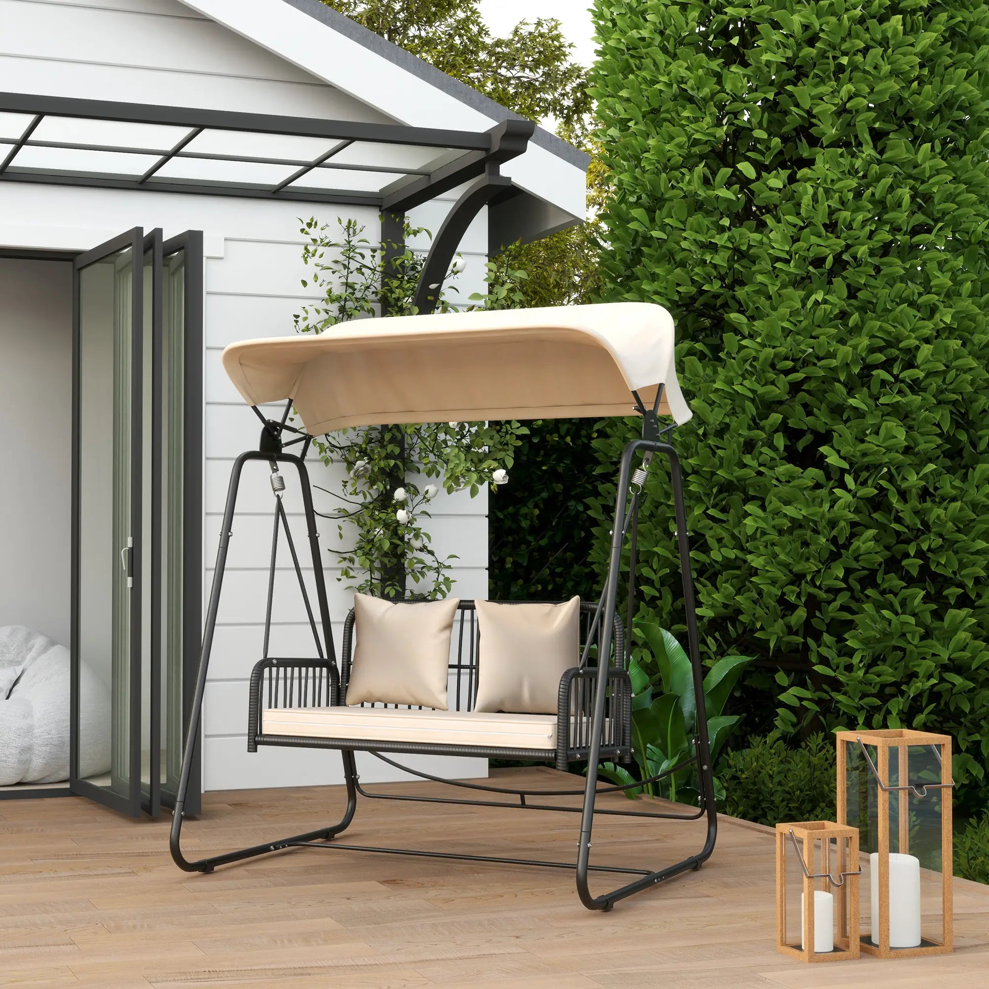 Nancy's Chiavarese Schommelbank - Tuinschommel - Hollywoodschommel - Zwart / Kaki - Rotan - ± 150 x 120 x 180 cm