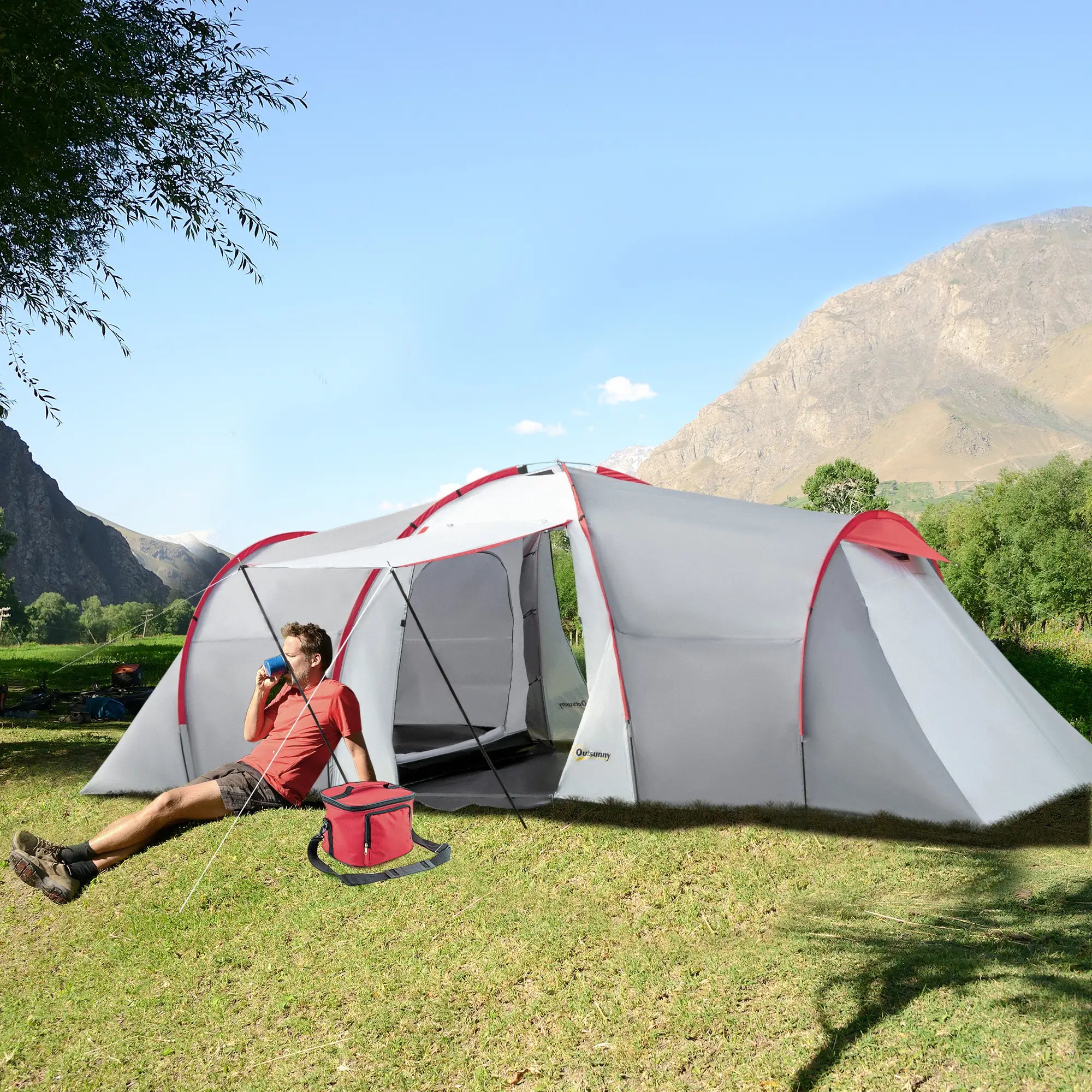 Nancy's Fonzaso Kampeertent - Campingtent - 2 Slaapkamers - Grijs / Rood - ± 590 x 245 x 195 cm