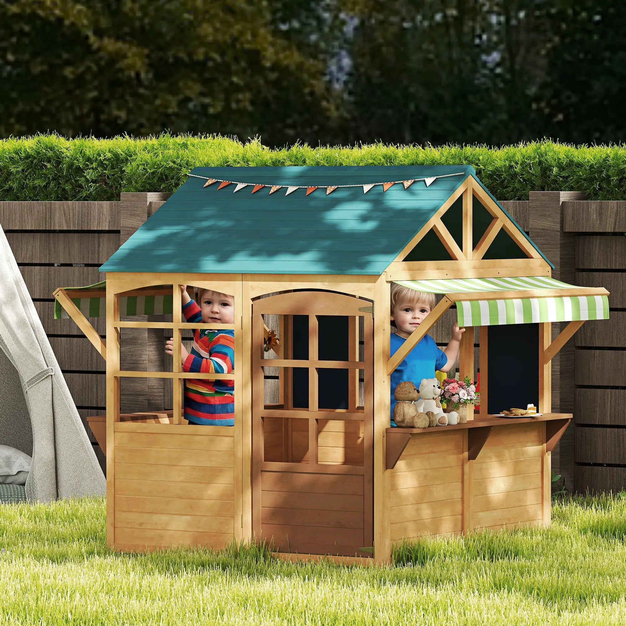 Nancy's Lagonegro Speelhuisje - Kinderspeelhuisje - Bruin / Blauw - Dennenhout - ± 175 x 115 x 145 cm
