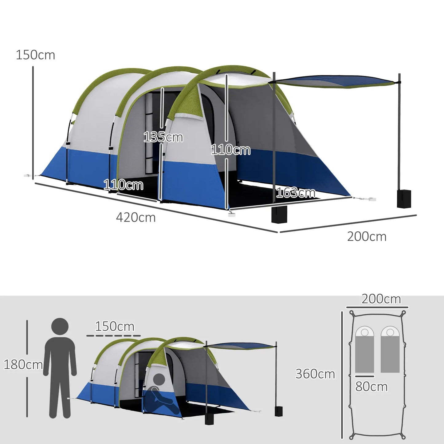 Nancy's Garniga Kampeertent - Campingtent - 2-4 Personen - Waterdicht - 420 x 200 x 150 cm