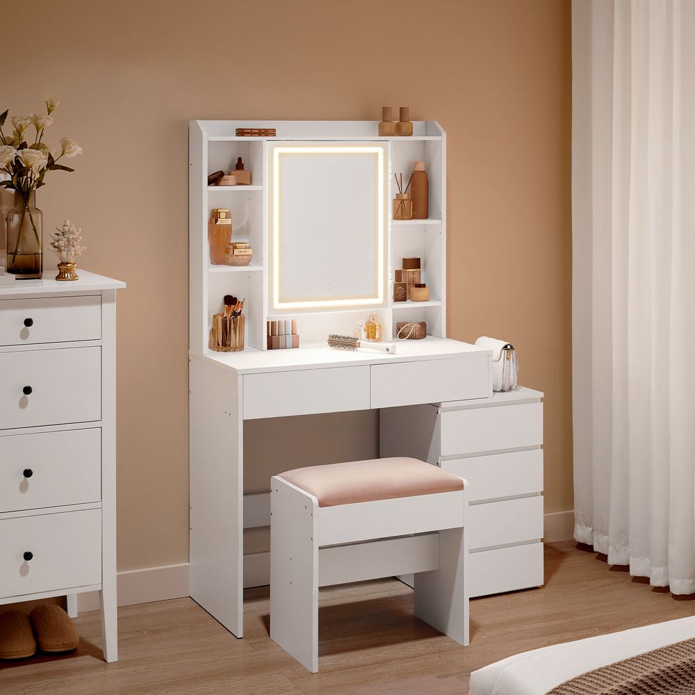 Nancy's Anagni Dressing Table - Make-up Table - LED Lighting - Including Stool - White - ± 40 x 100 x 145 cm