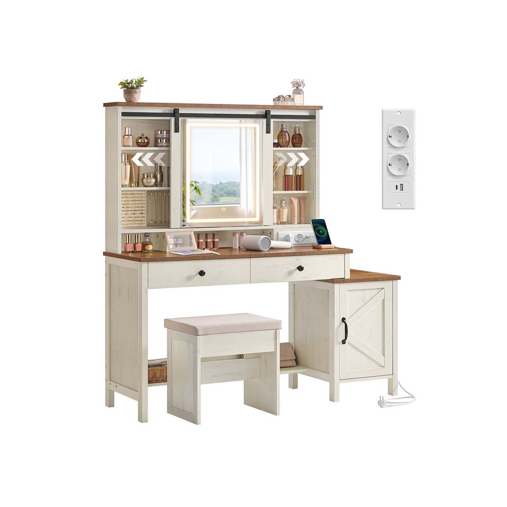 Nancy's Occhiobello Make Up Tafel met krukje - Kaptafel - Spiegel en LED Verlichting - Vintage Wit - ± 125 x 40 x 145 cm