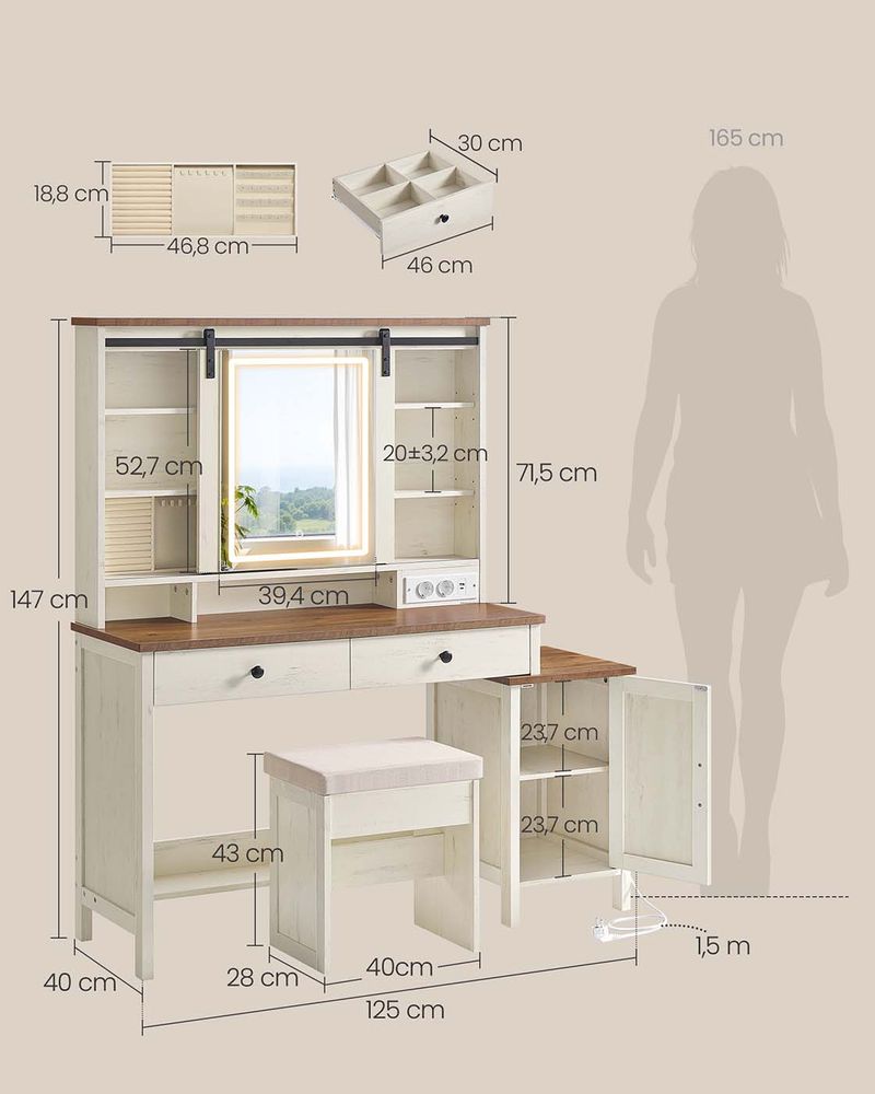 Nancy's Occhiobello Make Up Tafel met krukje - Kaptafel - Spiegel en LED Verlichting - Vintage Wit - ± 125 x 40 x 145 cm