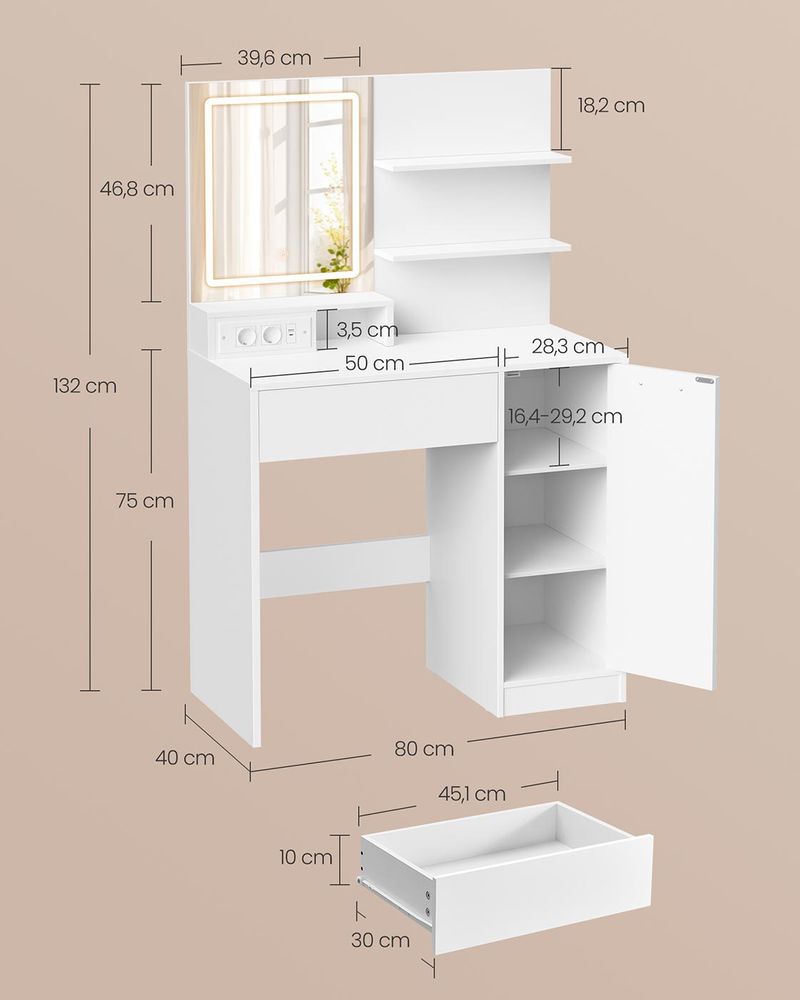 Nancy's Moliterno Kaptafel - Make Up Tafel - Met LED Spiegel - Wit - ± 40 x 80 x 130 cm