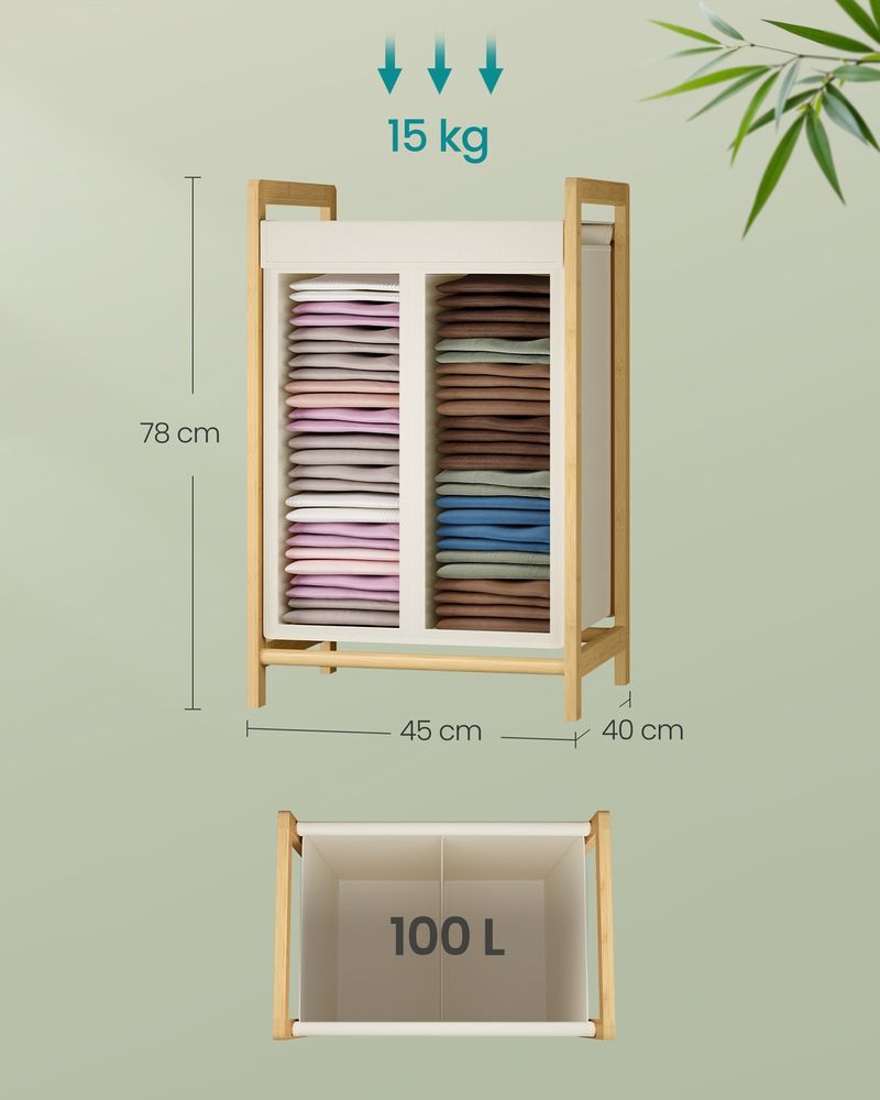 Nancy's Pradleves Wasmand met 2 vakken - Wassorteerder - Wasbox - Crèmewit - Bamboe - 100 Liter