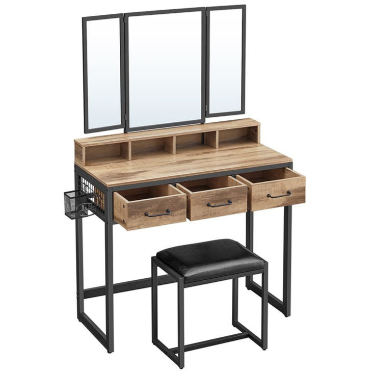 Nancy's Prados Make Up Tafel Met Spiegel en Hocker - Kaptafel - Kaptafel Kruk - Eiken Bruin / Zwart - ± 40 x 90 x 140 cm