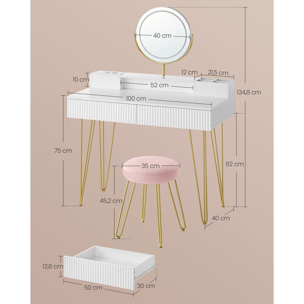 Nancy's Peso XL Kaptafel met Hocker - Make Up Tafel met Spiegel - Make Up Verlichting - Wit / Goud - ± 40 x 100 x 135 cm