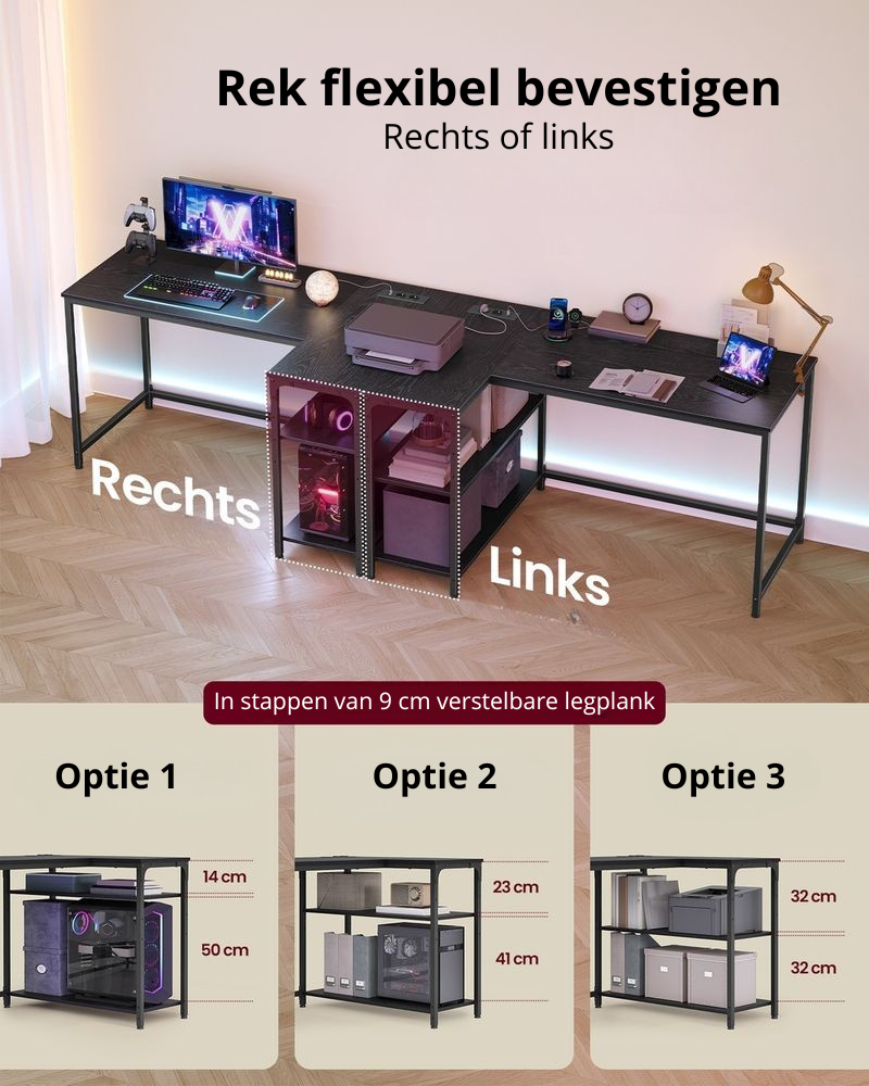 Nancy's Pralormo Hoekbureau - L-Vormig Bureau - Flexibele opbergruimte - Zwart - ± 110 x 80 x 75 cm