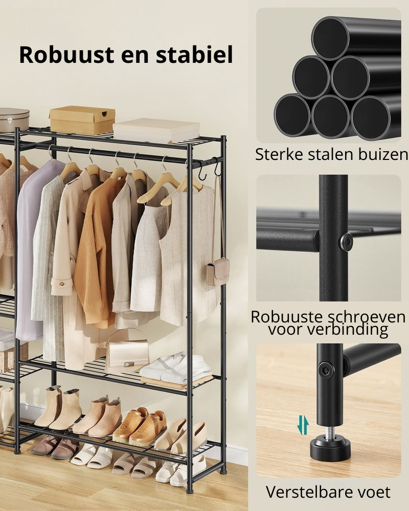 Nancy's Pragelato Kledingrek - Garderoberek - 3 Hoge Kledingstangen - Zwart - Staal - ± 205 x 30 x 155 cm