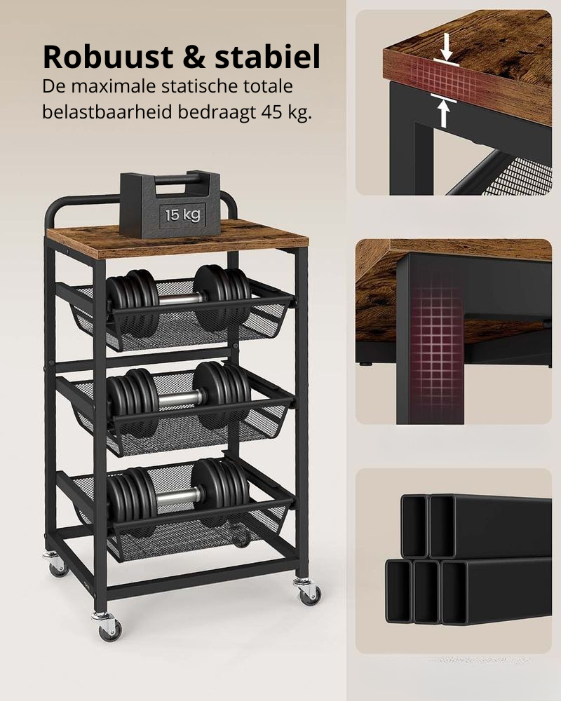 Nancy's Olbia Keukentrolley - Serveerwagen - Keukenrek - Vintage Bruin / Zwart - ± 40 x 30 x 75 cm