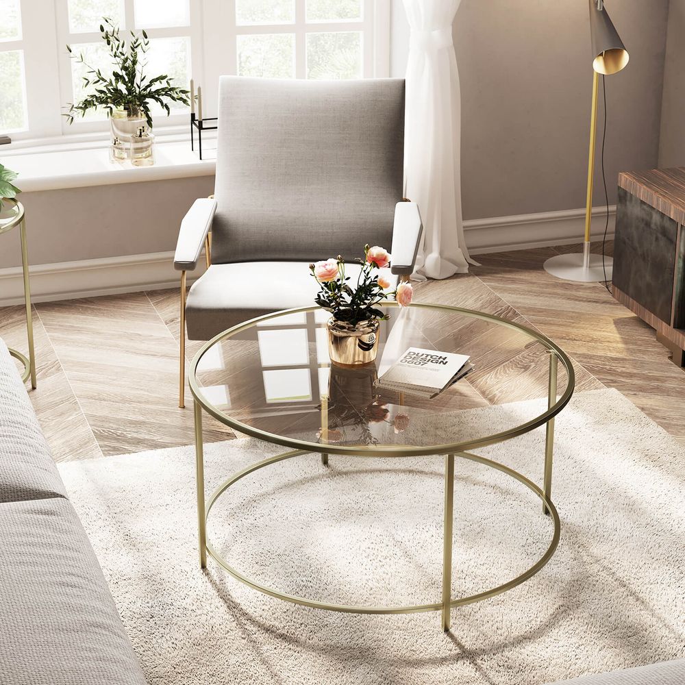 Nancy's Brighton Park Salontafel - Ronde Glazen Tafel - Bijzettafel - Goud - ± Ø 85 x 45 cm