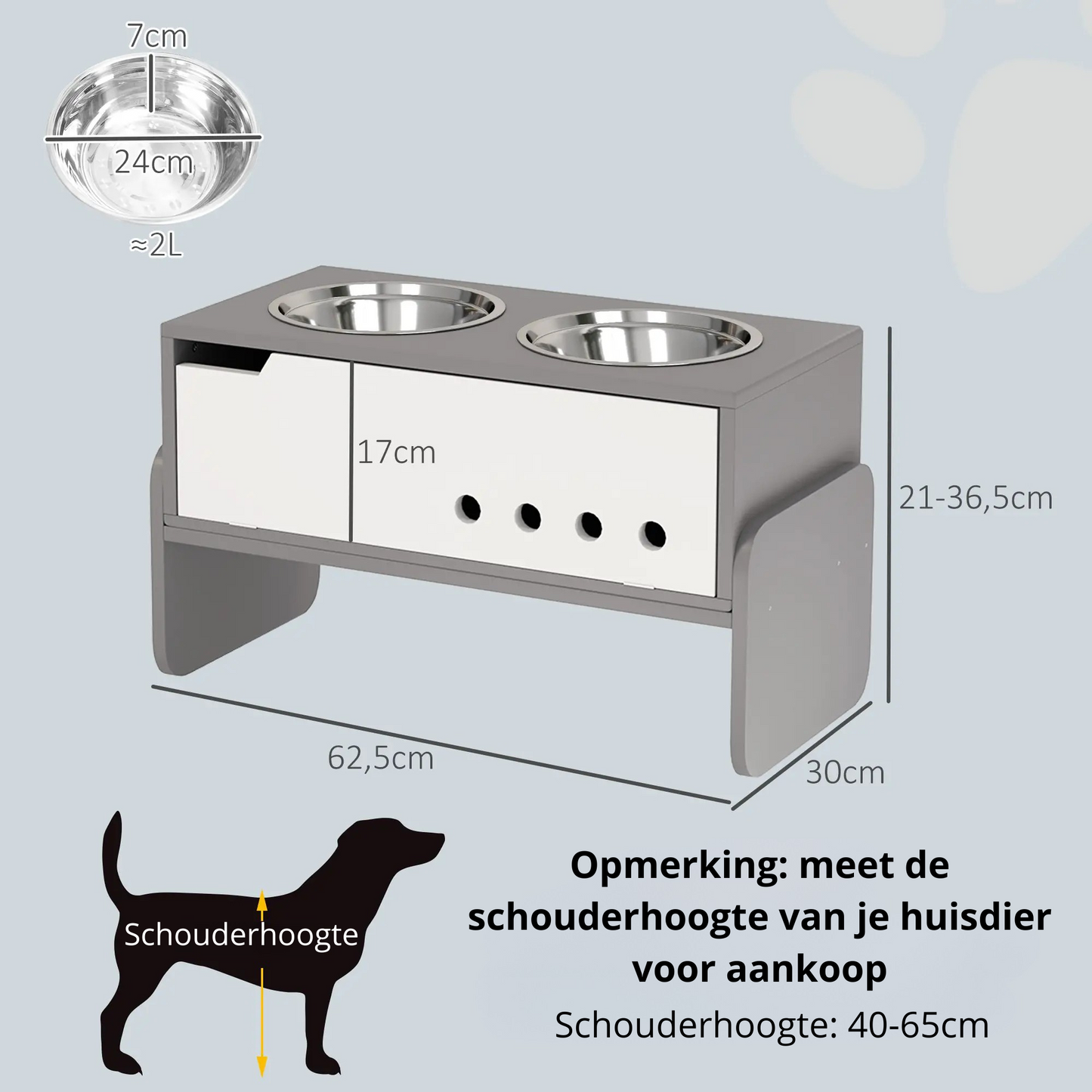 Nancy's Novelas Voerstation - Voerbakken - Drinkbakken - Met Opbergruimte - Grijs - ± 60 x 30 x 35 cm