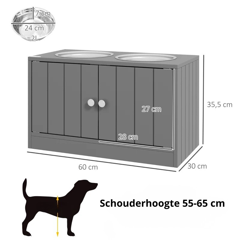 Nancy's Nichelino Voerbak voor Honden - Drinkbak - Voerstation - Met kastruimte - Grijs - ± 60 x 30 x 35 cm