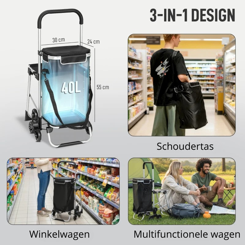 Nancy's Nesso Boodschappentrolley - Boodschappenkar - Boodschappenwagen - Zwart / Zilver - 40 Liter