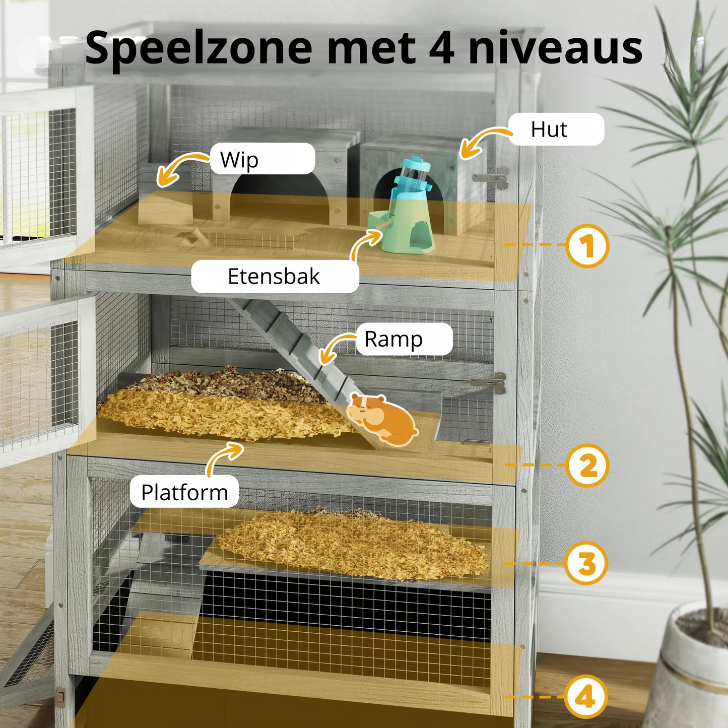 Nancy's Guilhufe Knaagdierenkooi - Dwerghamsterkooi - Hamsterkooi - Grijs - Dennenhout - ± 65 x 45 x 110 cm