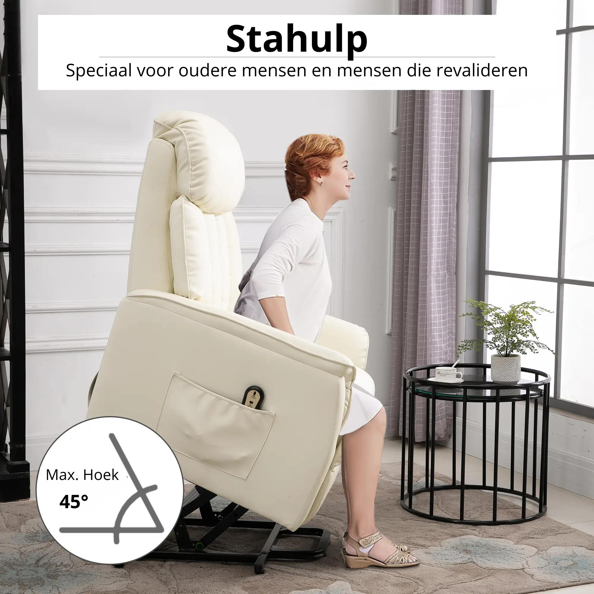 Nancy's Alcaide Sta op stoel - Opsta stoel - Senioren stoel - Relaxfauteuil - Beige - Kunstleer