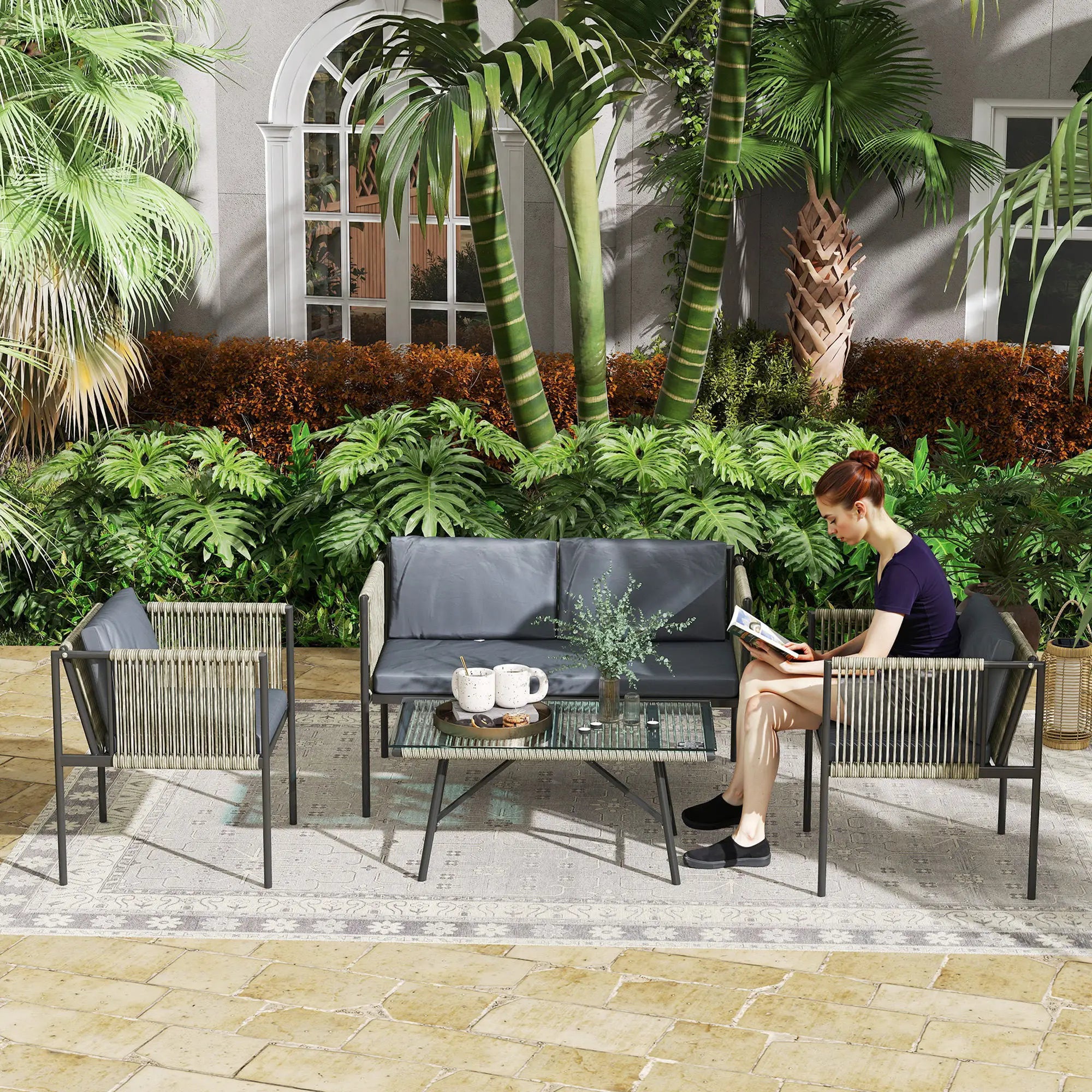 Nancy's Fondo Loungeset - Tuinset - Grijs / Zwart - Rotan