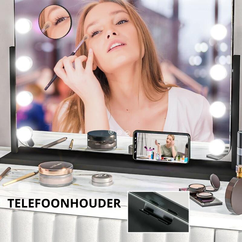 Nancy's Foladosa Make-up Spiegel - Beautyspiegel - Met LED Verlichting - Draaibaar - 10x Vergroting - Zwart - ± 60 x 50 cm