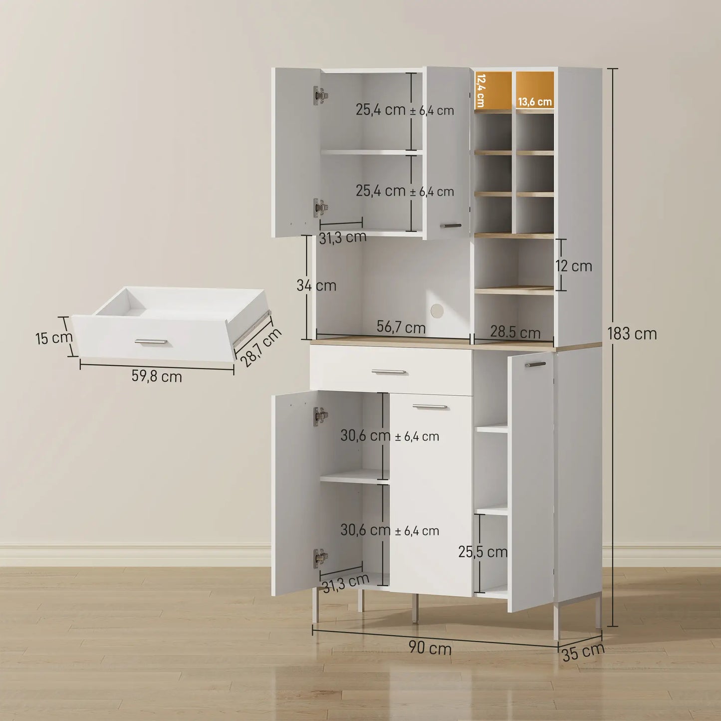 Nancy's Manzano Keukenkast Vrijstaand - Opbergkast - Voorraadkast - Buffetkast - Wit - ± 90 x 35 x 185 cm
