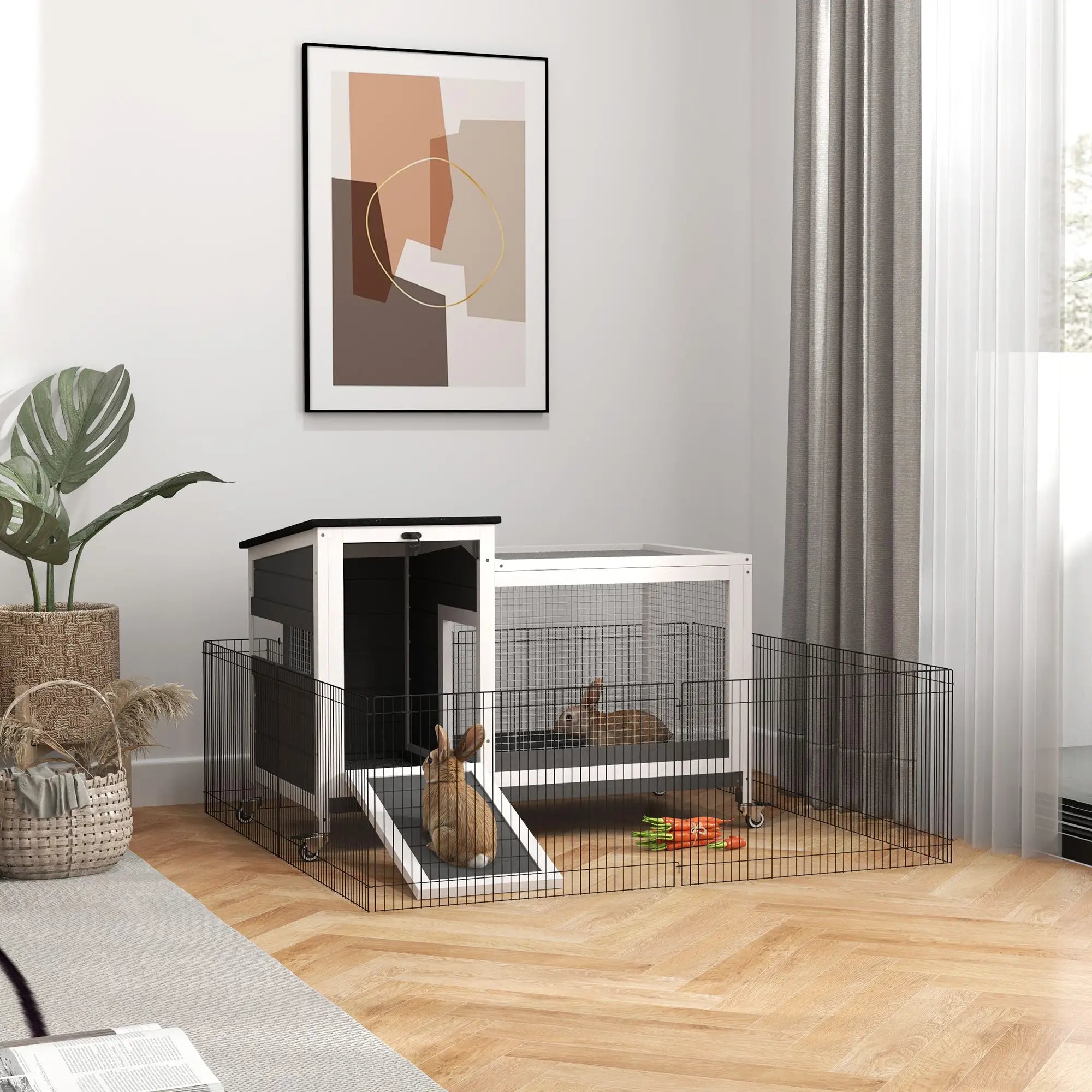 Nancy's Empoli Dierenverblijf - Konijnenhok - Grijs / Wit / Zwart - Dennenhout - ± 90 x 50 x 65 cm