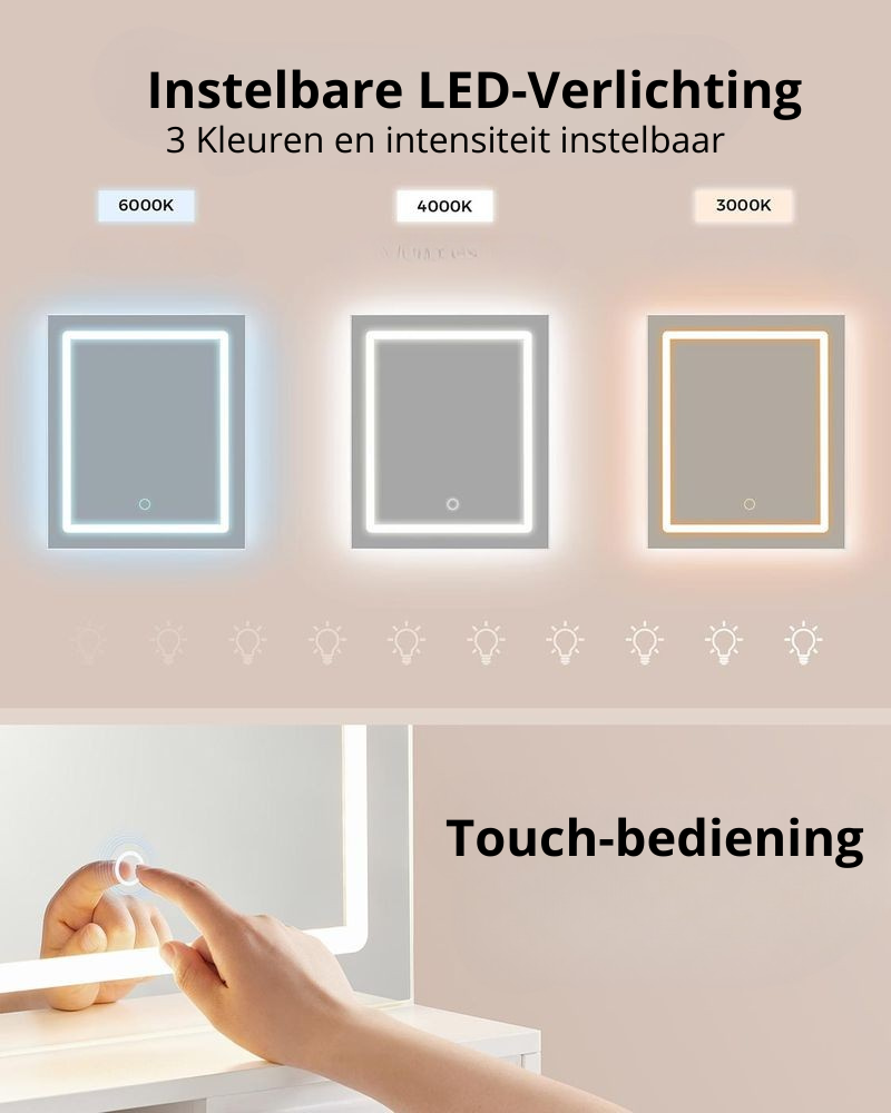 Nancy's Moliterno Kaptafel - Make Up Tafel - Met LED Spiegel - Wit - ± 40 x 80 x 130 cm
