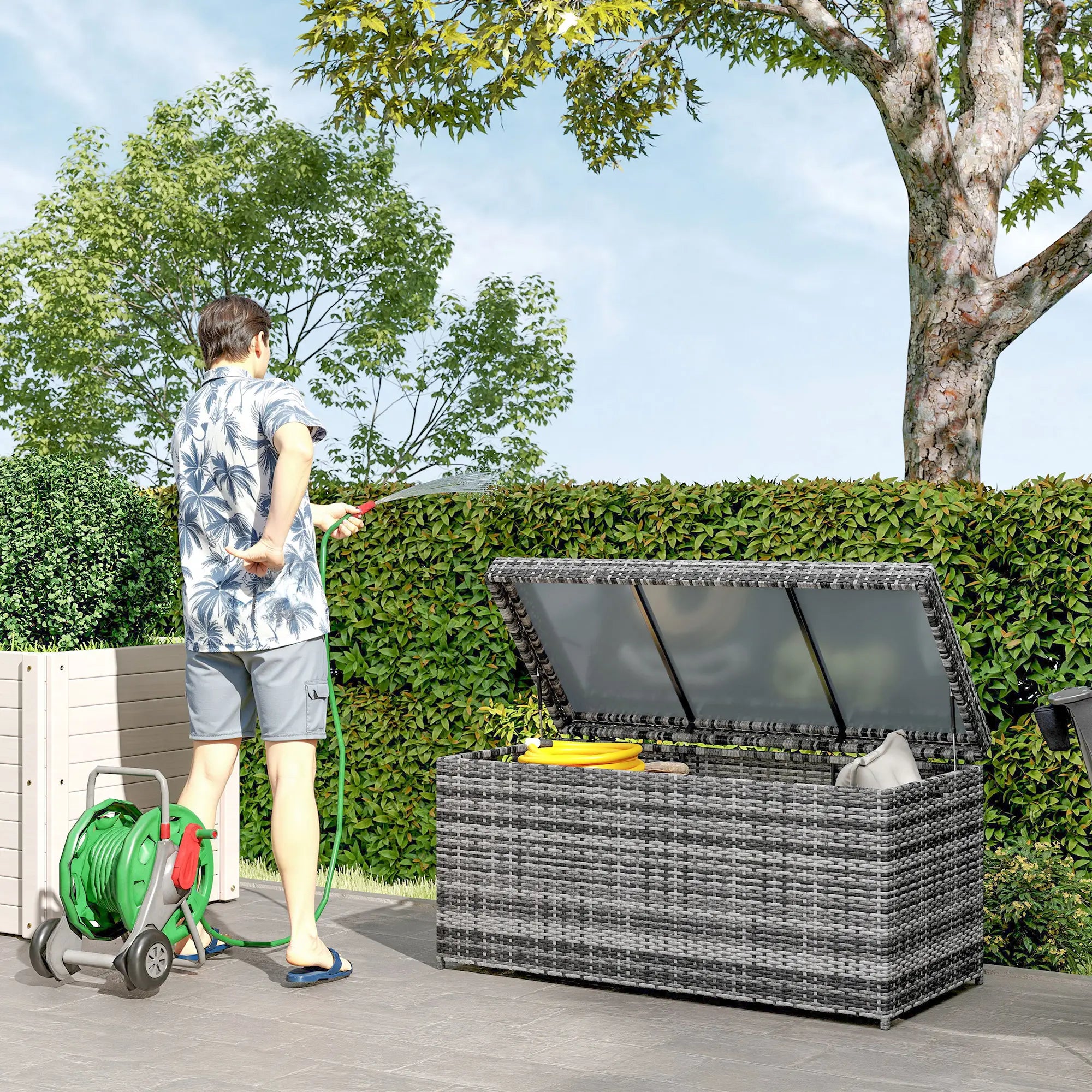Nancy's Leni Tuinkussenbox - Kussenbox - Opbergbox voor buiten - Grijs - Rotan - ± 130 x 60 x 65 cm