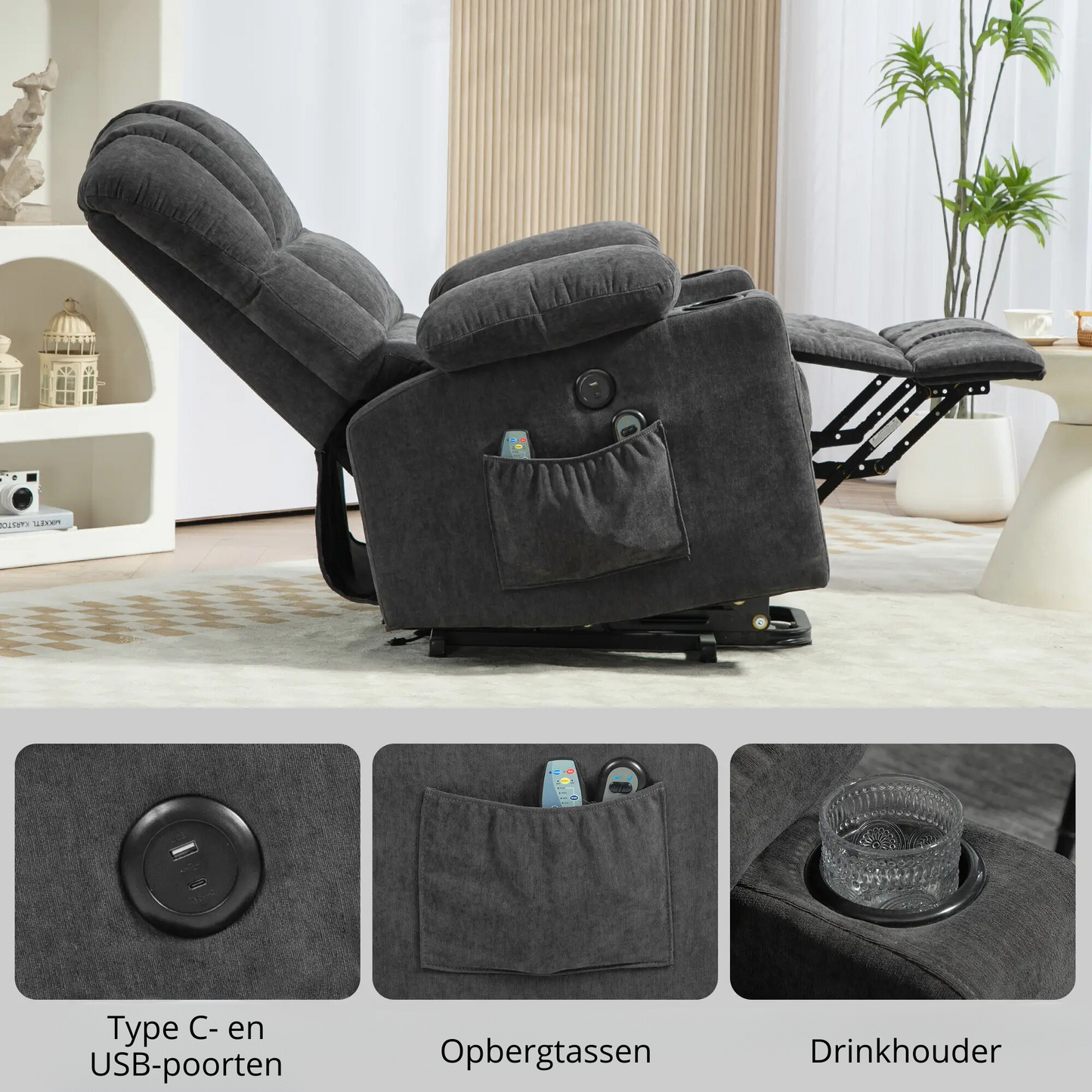 Nancy's Aldeias Sta op stoel - Opsta stoel - Fauteuil - Massagestoel - Donkergrijs - Stof