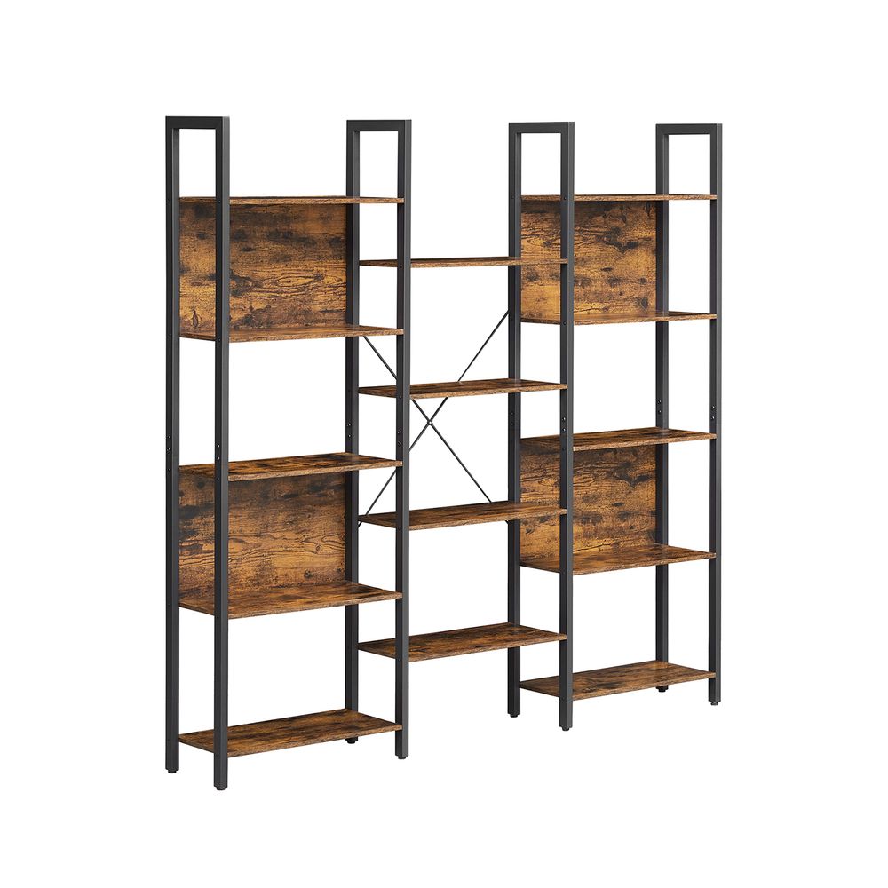 Bibliothèque Mossley de Nancy avec 14 étagères - Meuble de rangement - Industriel - Noir - Marron - 158 x 24 x 166 cm