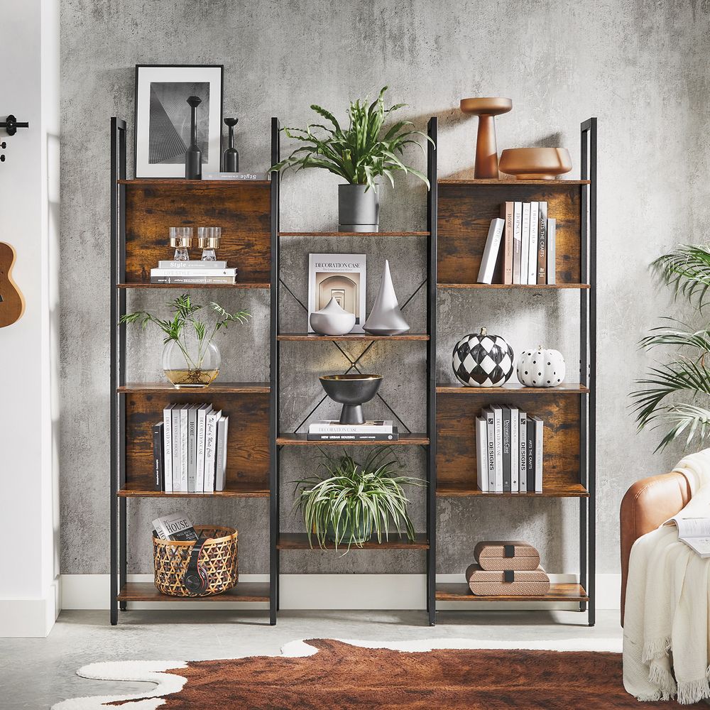Bibliothèque Mossley de Nancy avec 14 étagères - Meuble de rangement - Industriel - Noir - Marron - 158 x 24 x 166 cm