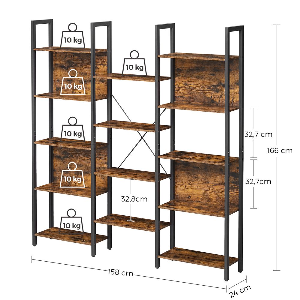 Nancy's Mossley Boekenkast met 14 planken - Opbergkast - Industrieel - Zwart - Bruin - 158 x 24 x 166 cm