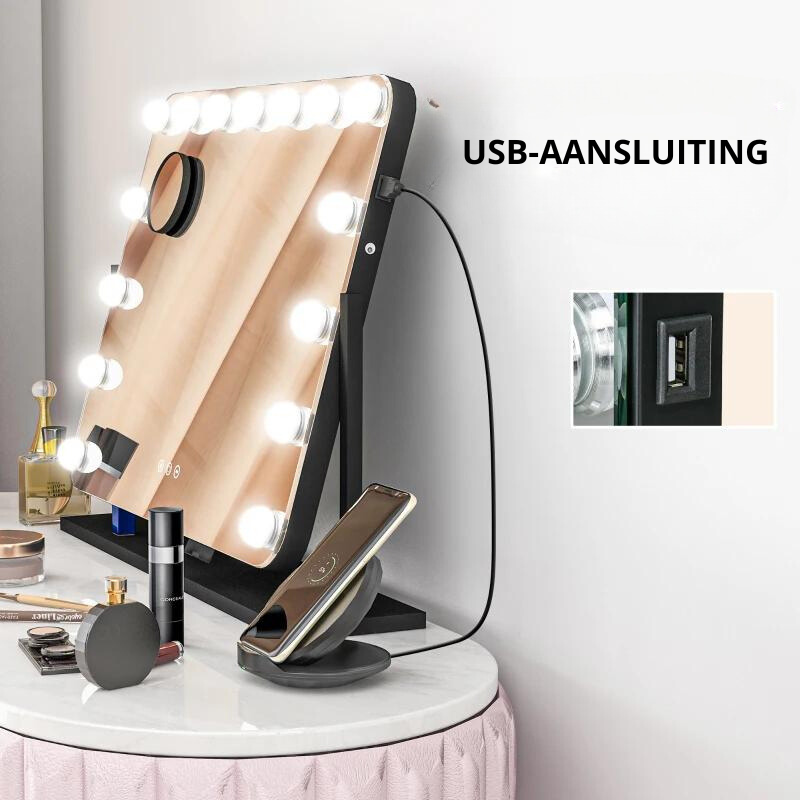 Nancy's Foladosa Make-up Spiegel - Beautyspiegel - Met LED Verlichting - Draaibaar - 10x Vergroting - Zwart - ± 60 x 50 cm