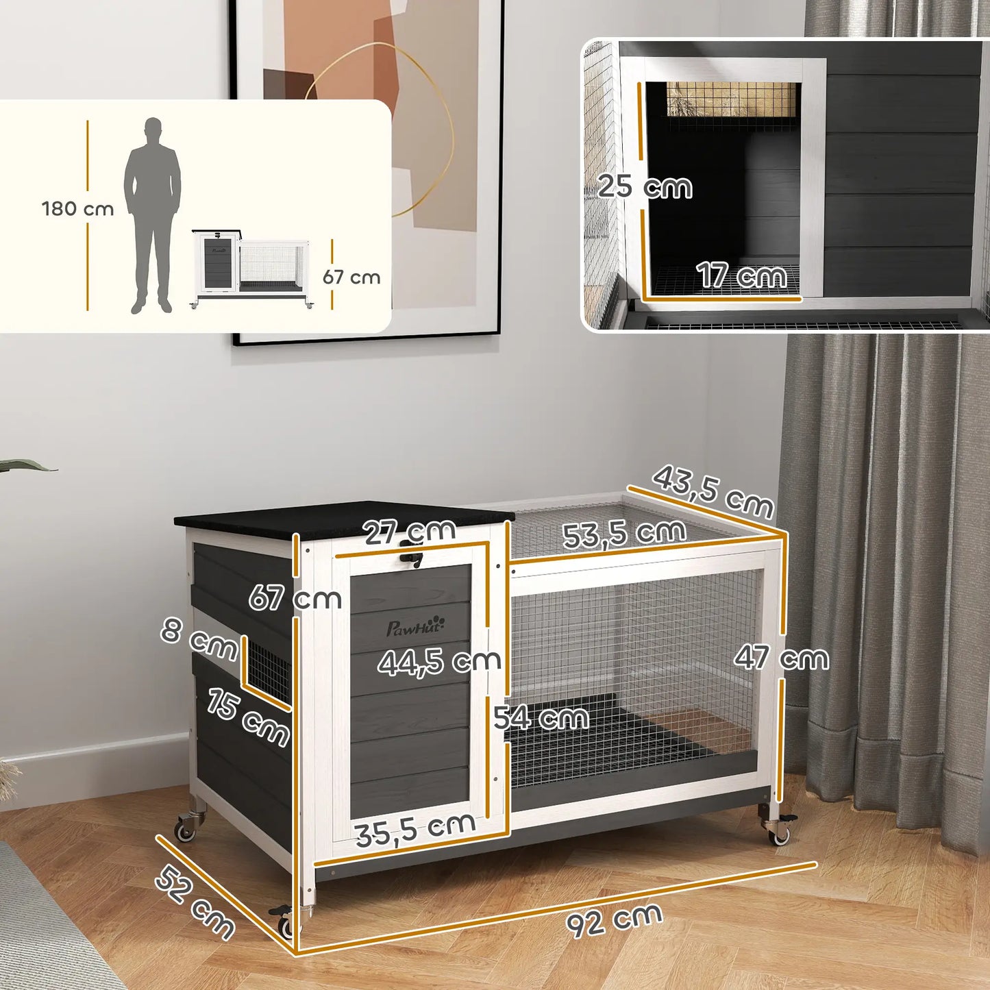 Nancy's Empoli Dierenverblijf - Konijnenhok - Grijs / Wit / Zwart - Dennenhout - ± 90 x 50 x 65 cm