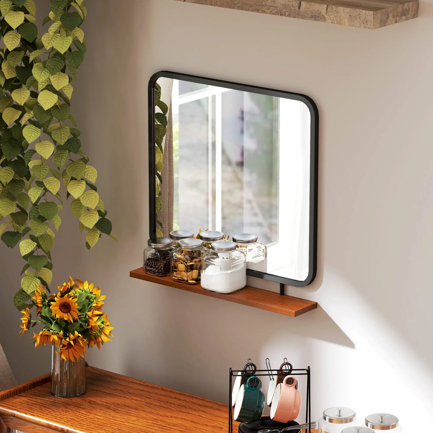 Nancy's Freixo Spiegel - Wandspiegel - Hangspiegel - Zwart - Staal/Glas/Hout - ± 55 x 55 mc