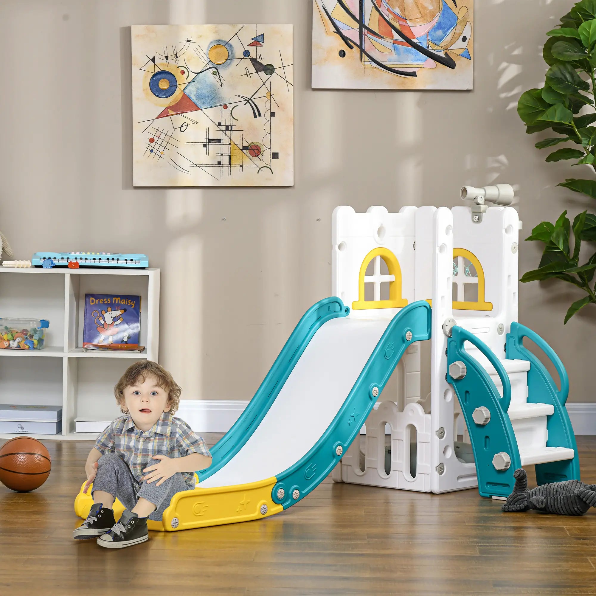 Nancy's Lagundo Kinderspeeltoestel - Glijbaan - Klimrek - Basketbalring - Telescoop - Klimspeelgoed - Geel / Wit / Groen