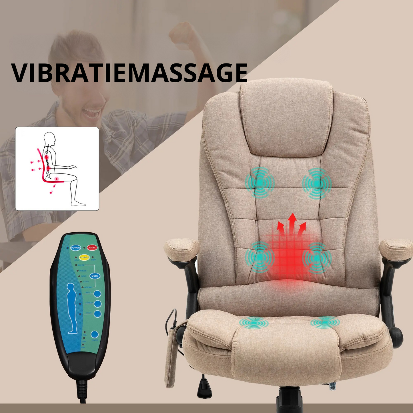 Nancy's Candelária Massage Bureaustoel - Massage- en verwarmingsfunctie - Ergonomisch - Verstelbaar - Bruin - Linnen