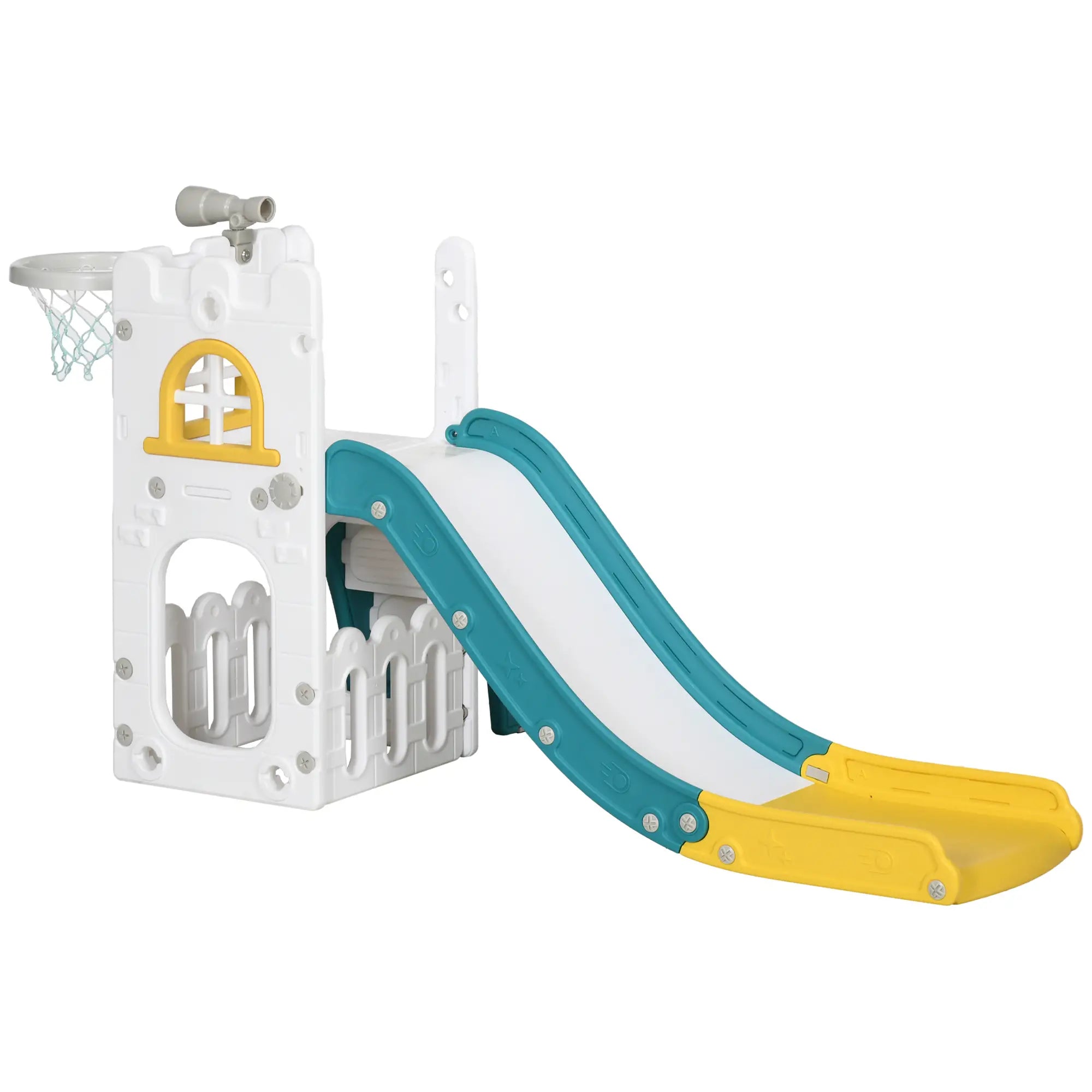 Nancy's Lagundo Kinderspeeltoestel - Glijbaan - Klimrek - Basketbalring - Telescoop - Klimspeelgoed - Geel / Wit / Groen
