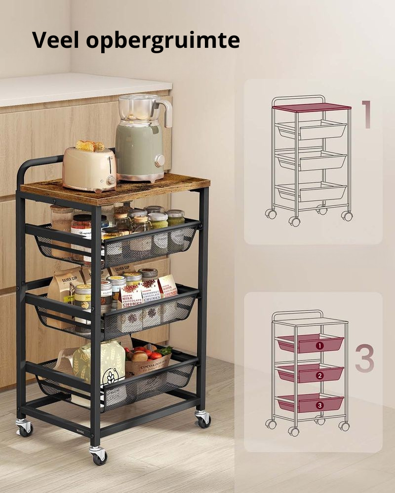 Nancy's Olbia Keukentrolley - Serveerwagen - Keukenrek - Vintage Bruin / Zwart - ± 40 x 30 x 75 cm