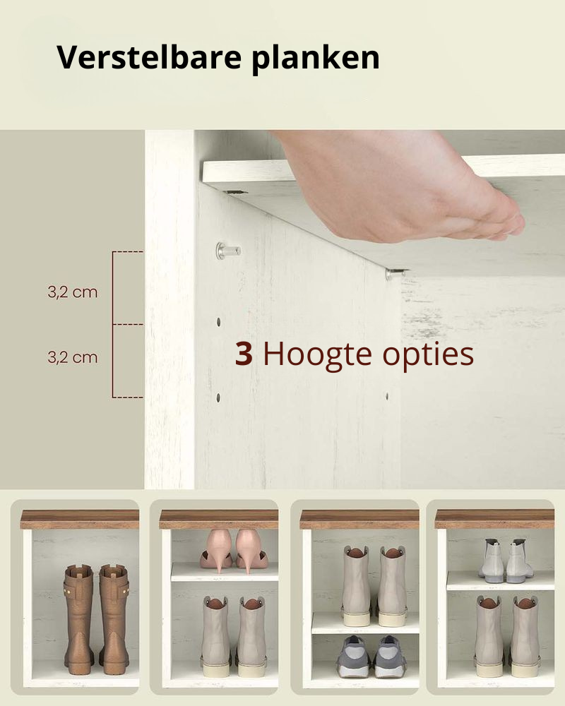 Nancy's Offagna Schoenenkast - Schoenenrek - Opbergkast voor schoenen - Vintagewit / Honingbruin - ± 100 x 30 x 50 cm