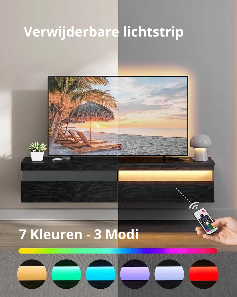 Nancy's Grottaminarda TV Meubel - TV Kast - Zwevend - Met Verlichting - Zwart -± 180 x 35 x 30 cm