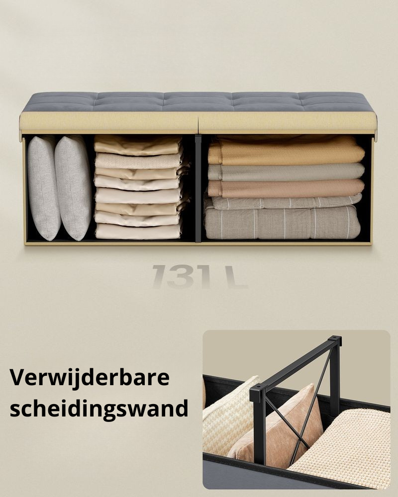 Nancy's Pralormo Opbergbank - Bankje met opbergruimte - 131 Liter - Grijs - Fluweel - ± 110 x 40 x 40 cm