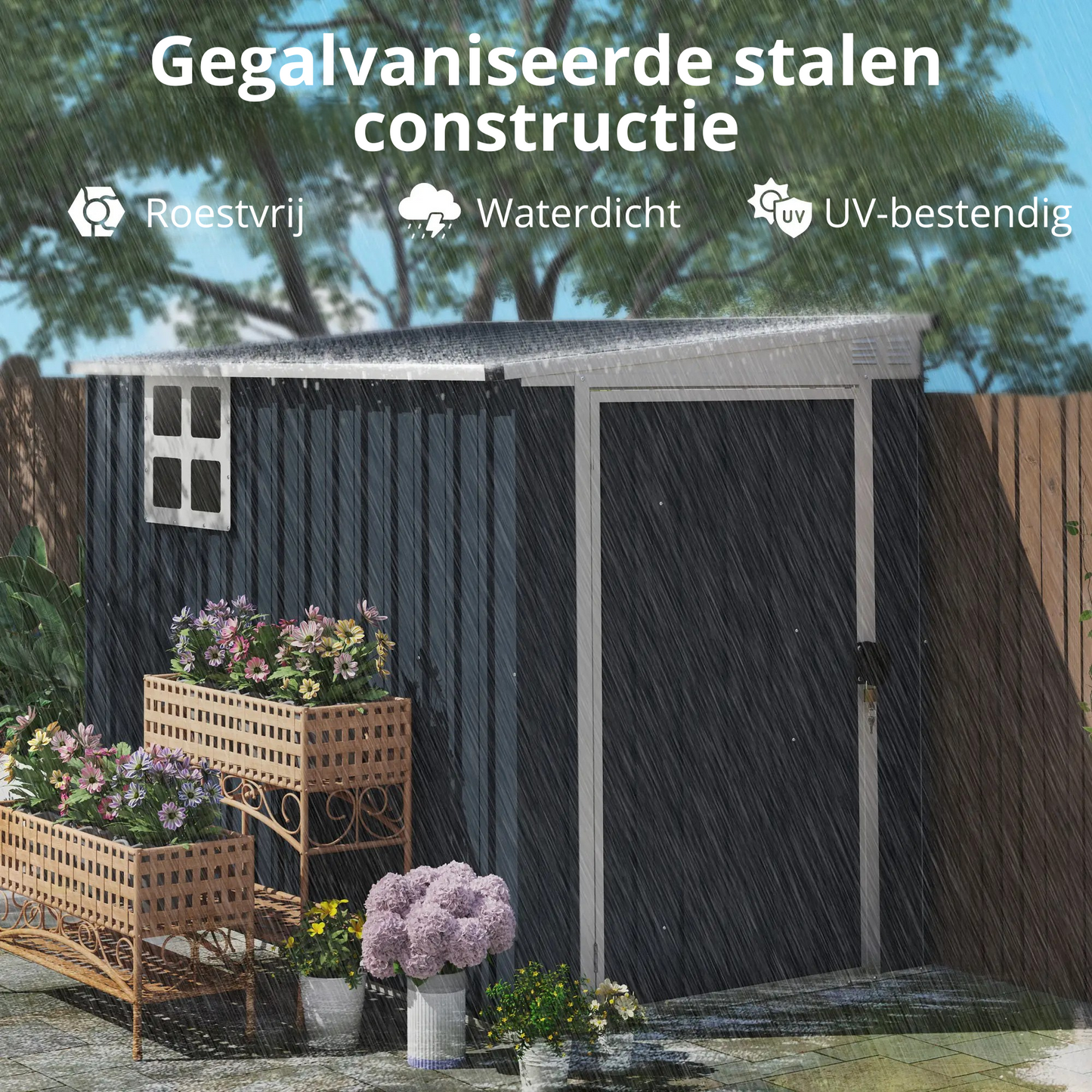 Nancy's Contrada Opbergschuur - Tuinschuur - Schuurtje - Grijs - Staal - ± 130 x 230 x 161/181H cm