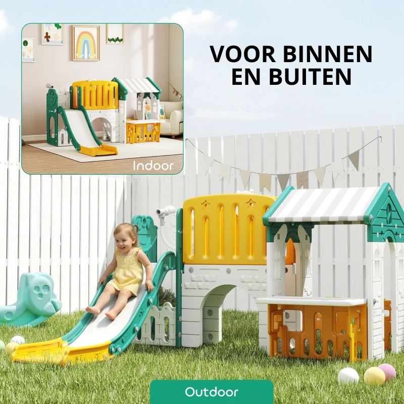 Nancy's Ortisei 7-in-1 Klimspeelgoed - Kinderspeeltuin - Babyglijbaan - Klimwand - Basketbalring - Geel / Groen