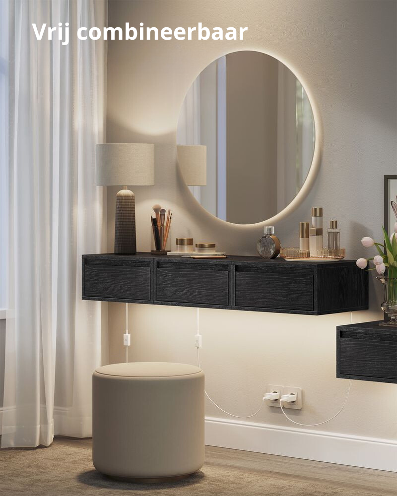 Nancy's Bova Nachtkastjes Set van 2 - Zwevende Llades - Met verlichting in 3 kleuren - Zwart - ± 40 x 35 x 20 cm