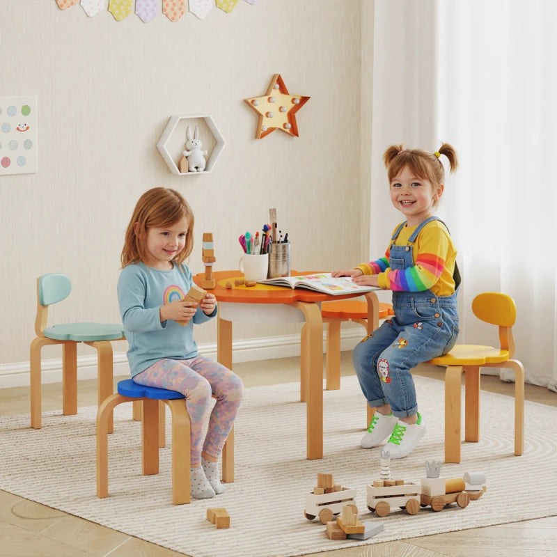 Nancy's Orta Kindertafel met Stoelen - Set van 5 - Kindermeubels - Bloemen - Meerkleurig
