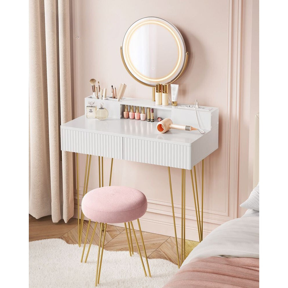 Nancy's Peso Kaptafel met Hocker - Make Up Tafel met Spiegel - Make Up Verlichting - Wit / Goud - ± 40 x 80 x 135 cm