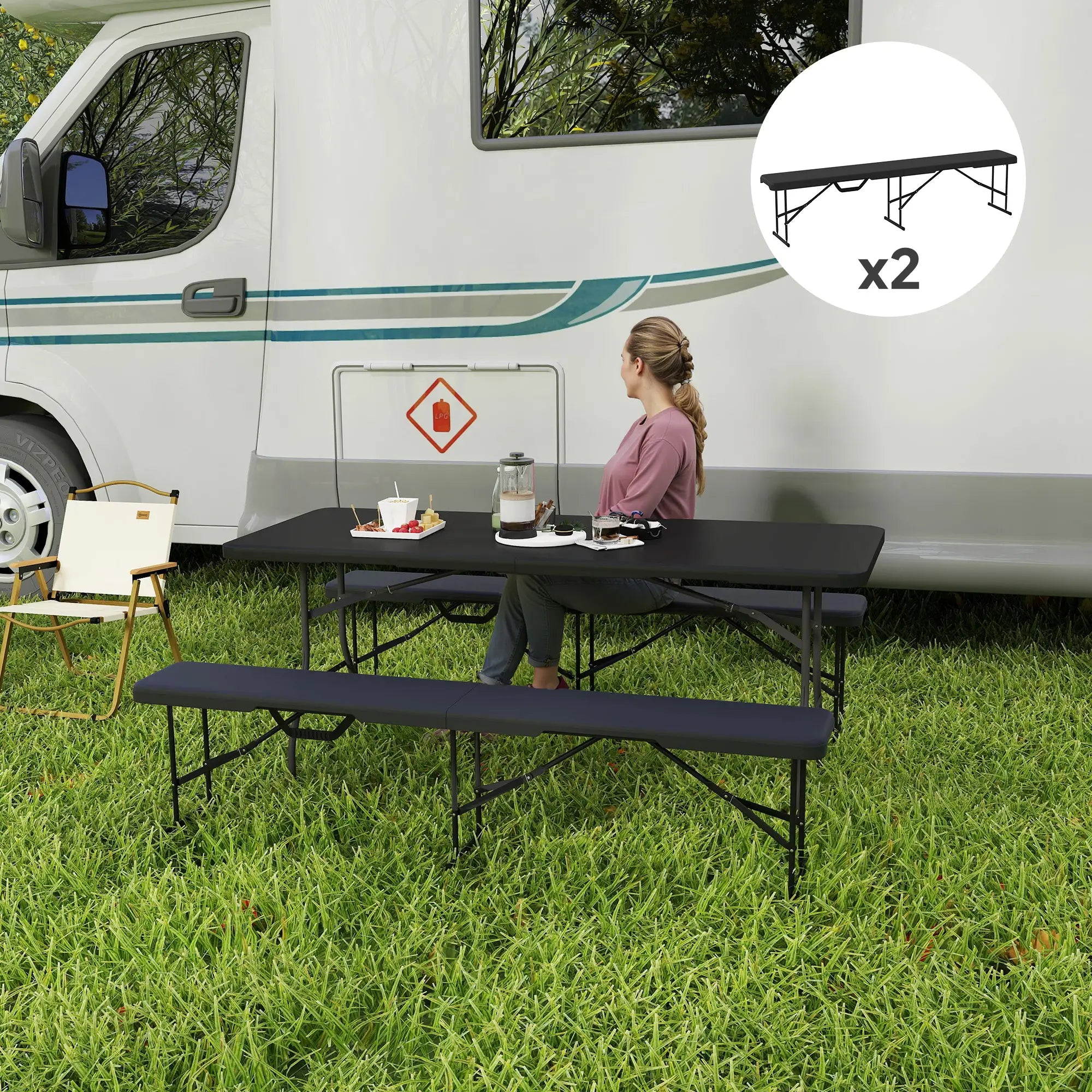 Nancy's Faver Picknickbank - Campingbank - Set van 2 - Zwart - ± 180 x 30 x 40 cm